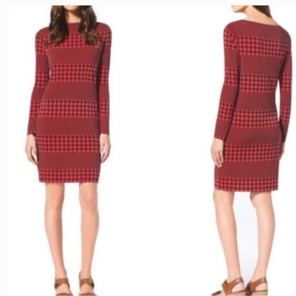 Michael Michael Kors Red Orange/Black Houndstooth Pattern Jersey Dress - XS - Picture 1 of 7